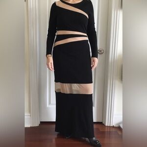 ABS Allen Schwartz Illusion Inset Maxi Long Black dress Peekaboo stripes